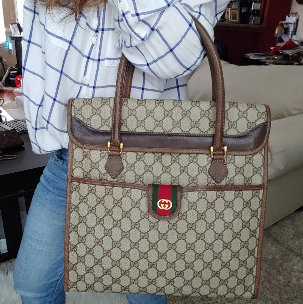 Authentic Vintage Gucci GG Monogram Supreme Sherry Web Clutch Tote Bag - Picture 2 of 10